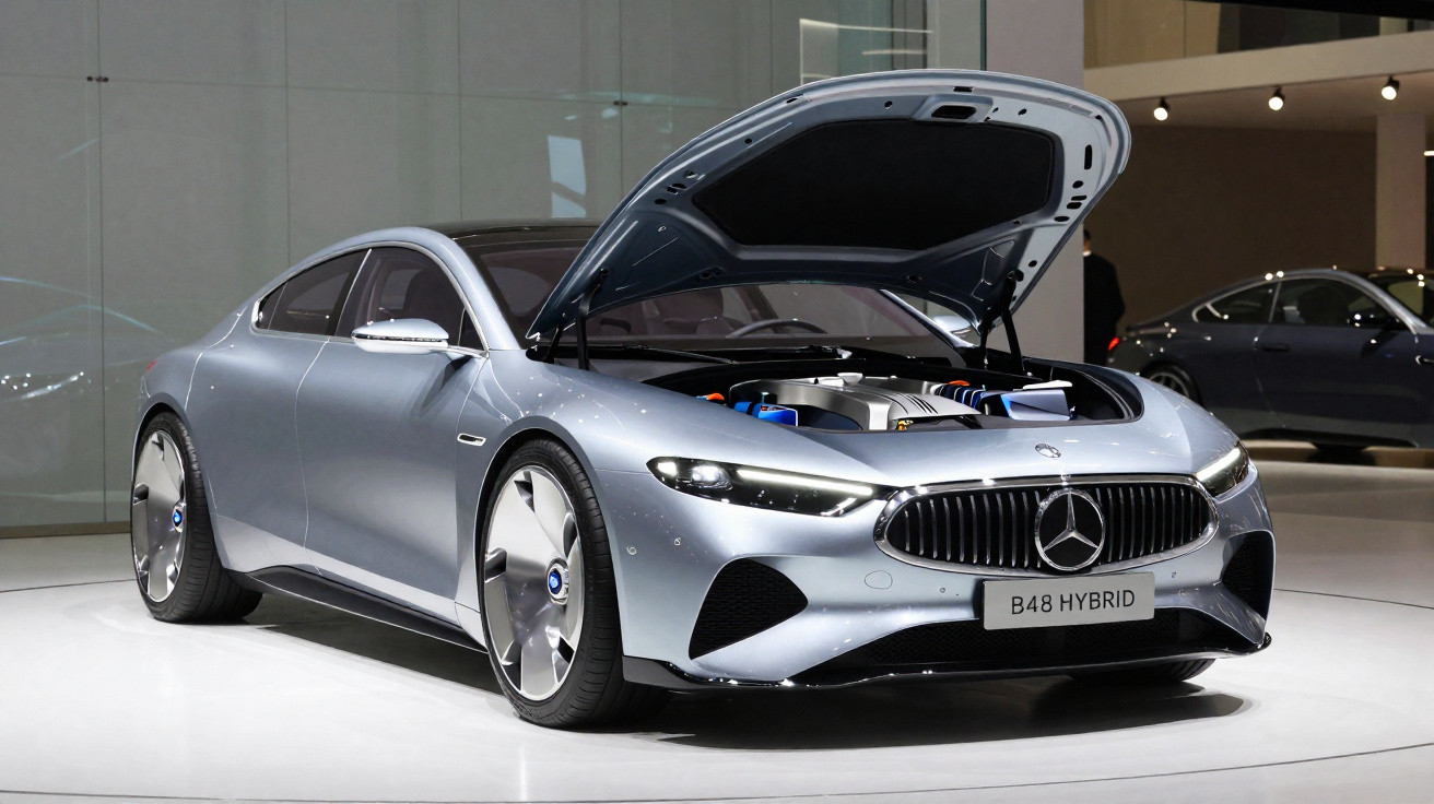Carro esportivo Mercedes-Benz prata com capô aberto mostrando motor em exposição interna.