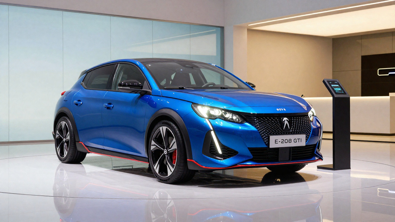 Carro Peugeot E-208 GTI azul elétrico exposto em ambiente interno moderno e iluminado.