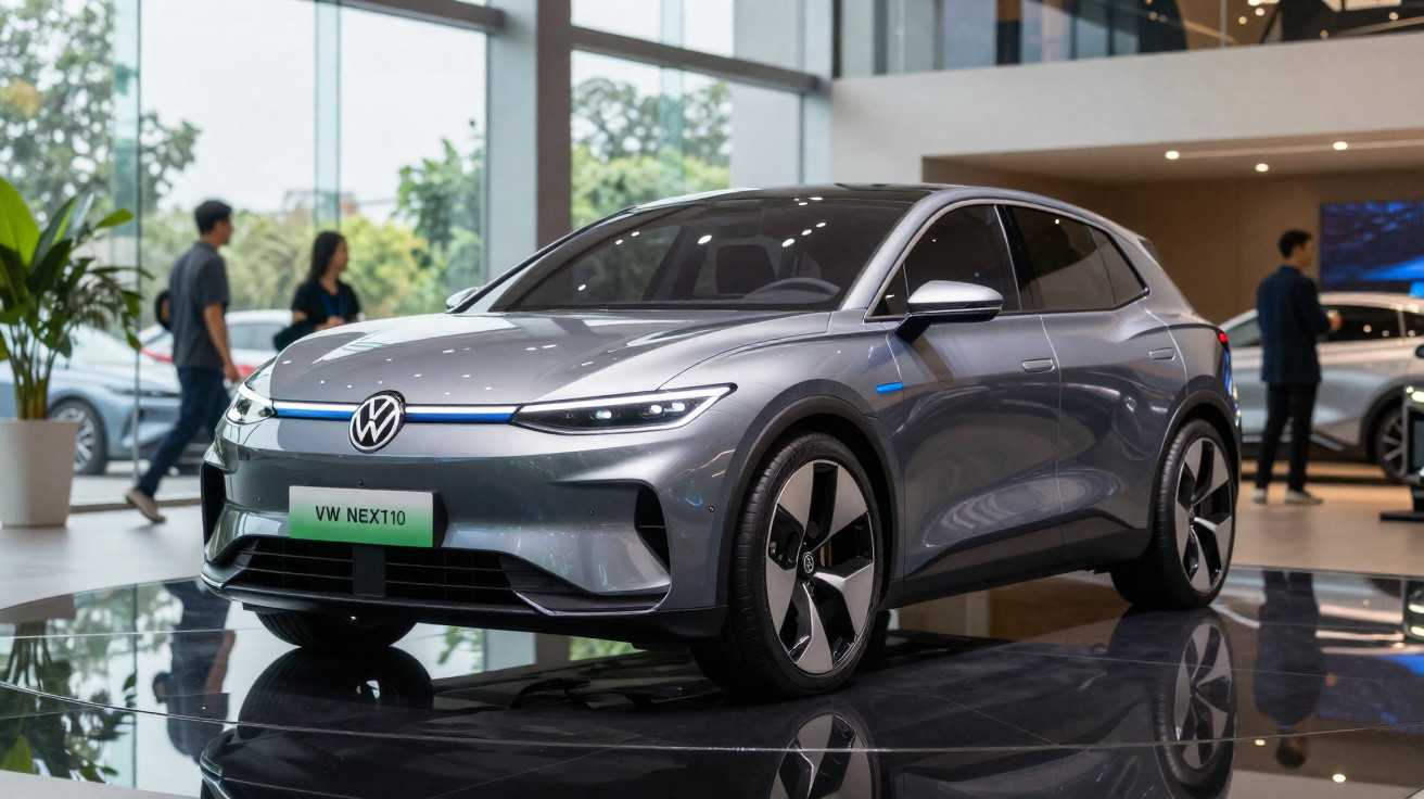 Carro elétrico prata Volkswagen VW NEX110 exibido em showroom moderno com refletores no teto.