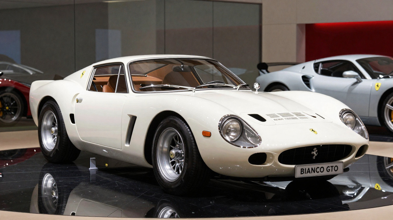 Carro esportivo clássico branco Ferrari Bianco GTO exibido em salão de automóveis com outros carros ao fundo.