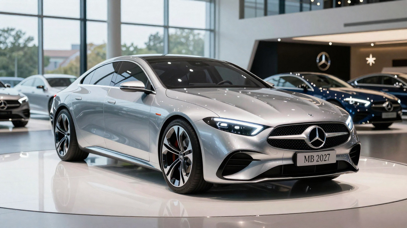 Carro prata Mercedes-Benz modelo 2027 em exposição moderna com janelas grandes e outros carros ao fundo.
