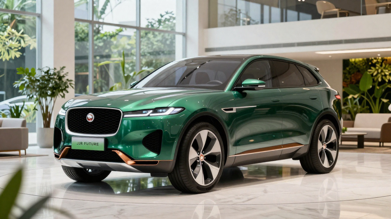 SUV Jaguar verde metálico estacionado em showroom moderno com piso de mármore e plantas decorativas.