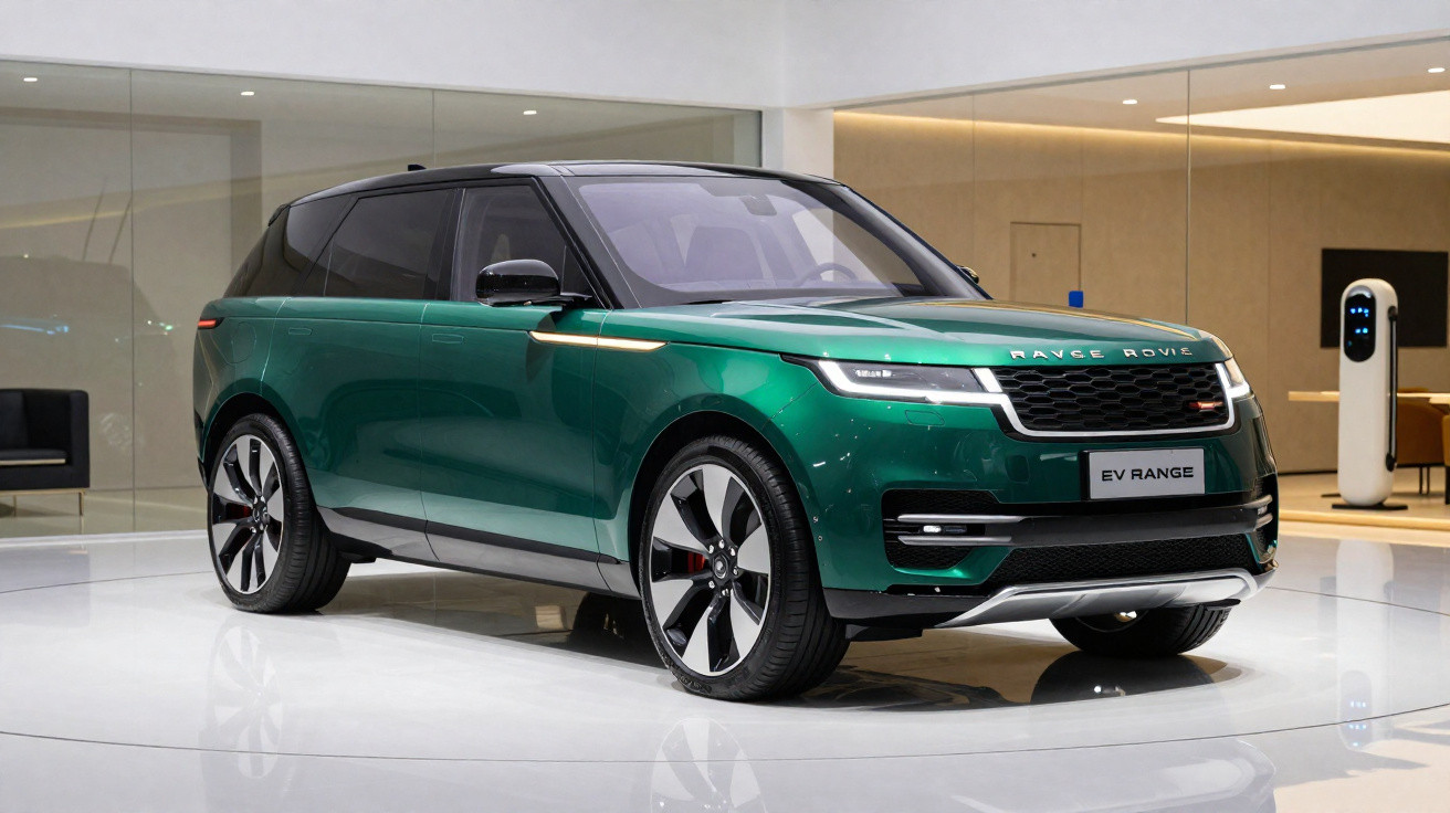 SUV verde metálico Range Rover EV Range elétrica exposta em showroom moderno com parede espelhada.