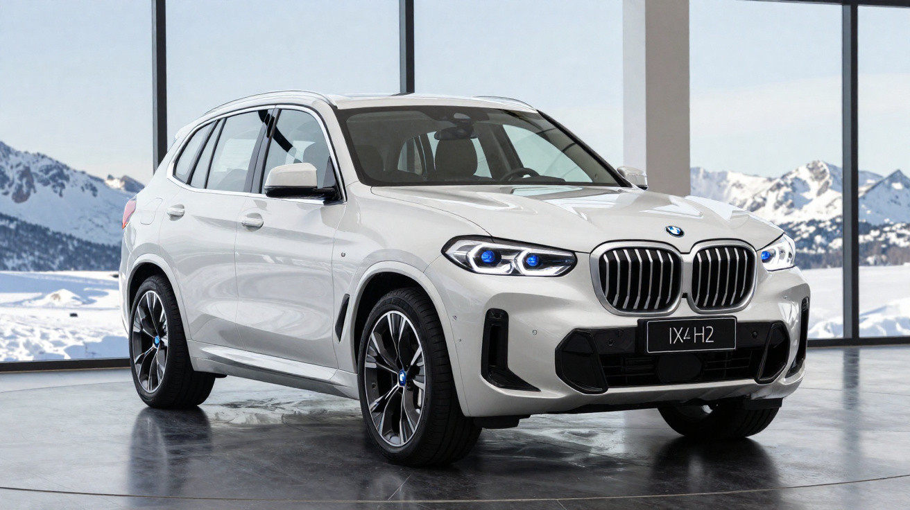 SUV BMW branco estacionado em ambiente interno com janelas e vista para montanhas nevadas ao fundo.