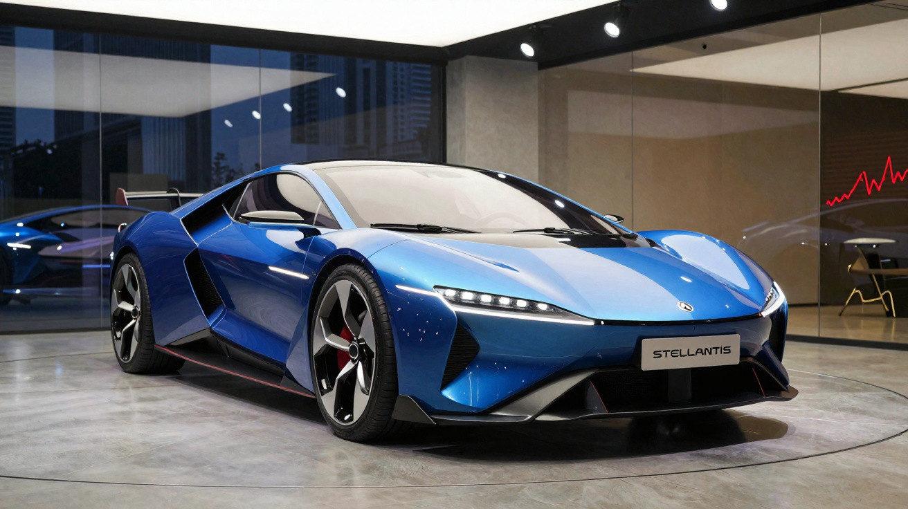 Carro esportivo azul elétrico com design futurista em exposição interna iluminada.