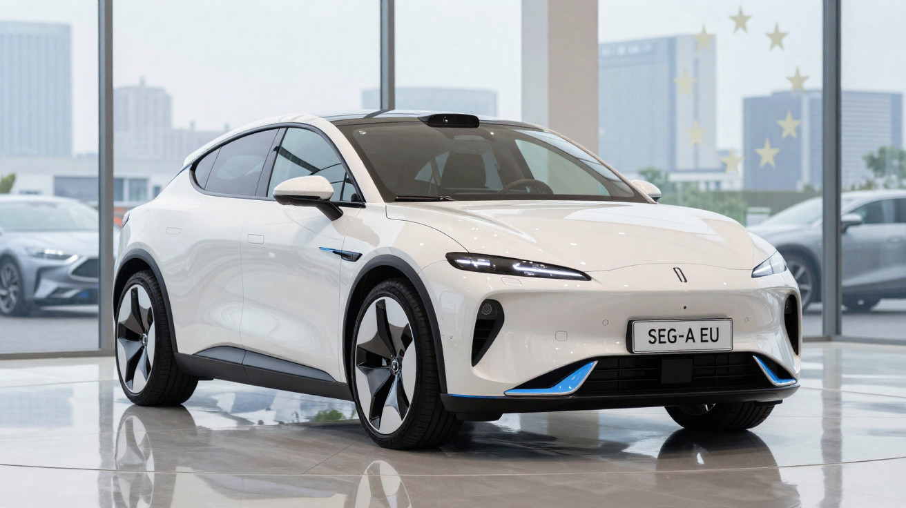 Carro elétrico branco em exposição, com design moderno e luzes LED acesas em showroom.