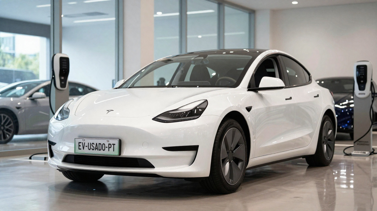 Carro elétrico branco Tesla Model 3 estacionado em showroom com estações de recarga ao fundo.