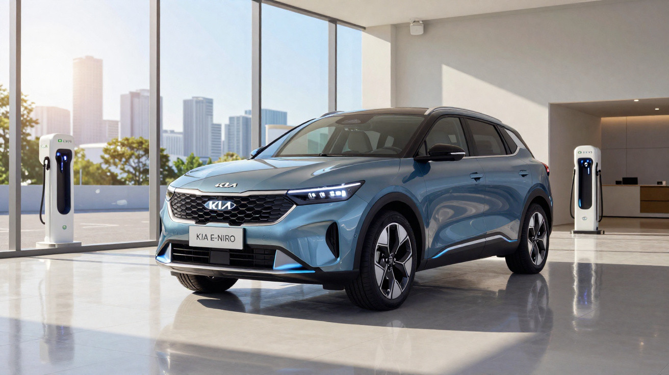 Carro elétrico azul Kia e-Niro estacionado em showroom moderno com estações de recarga ao fundo.