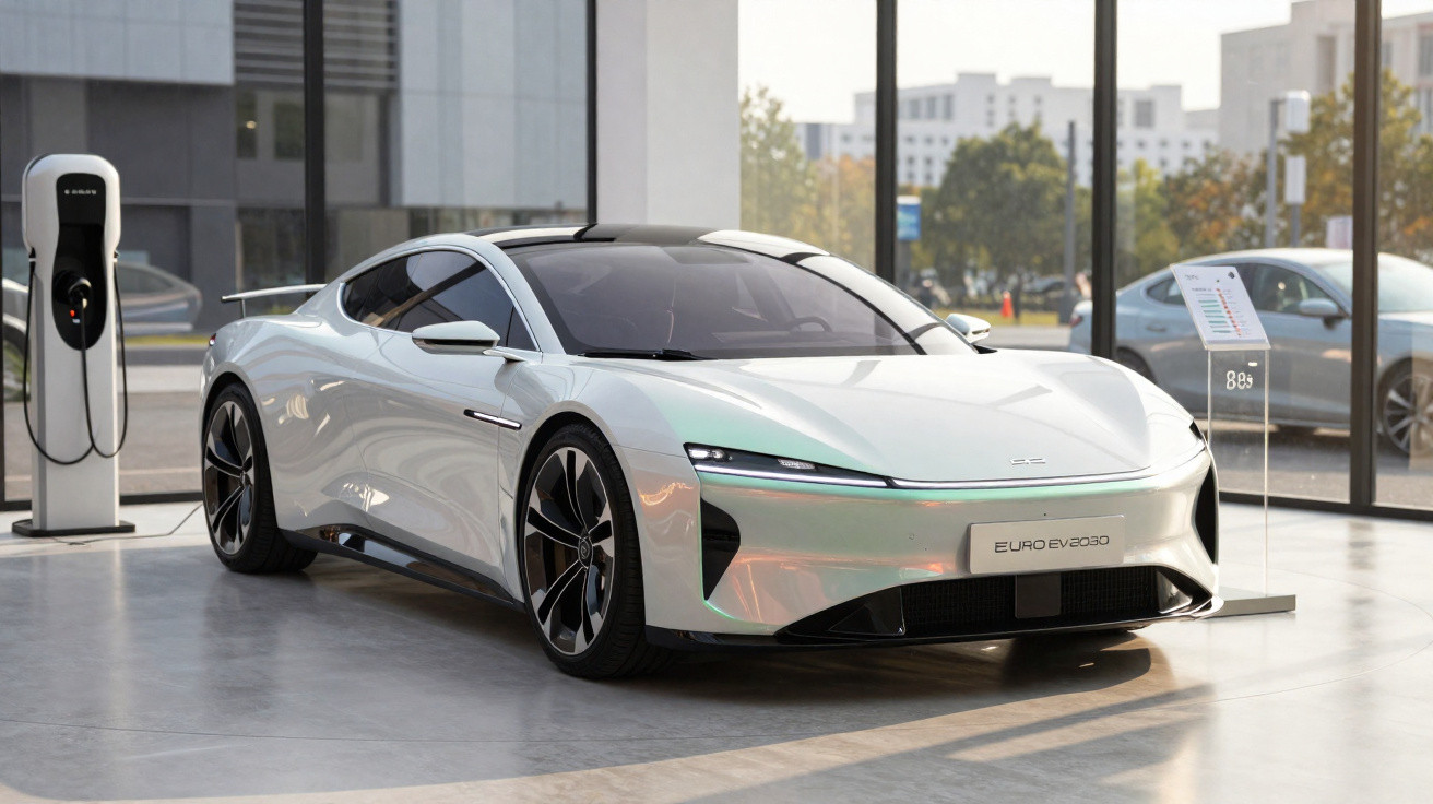 Carro elétrico esportivo branco estacionado em showroom próximo a estação de recarga.