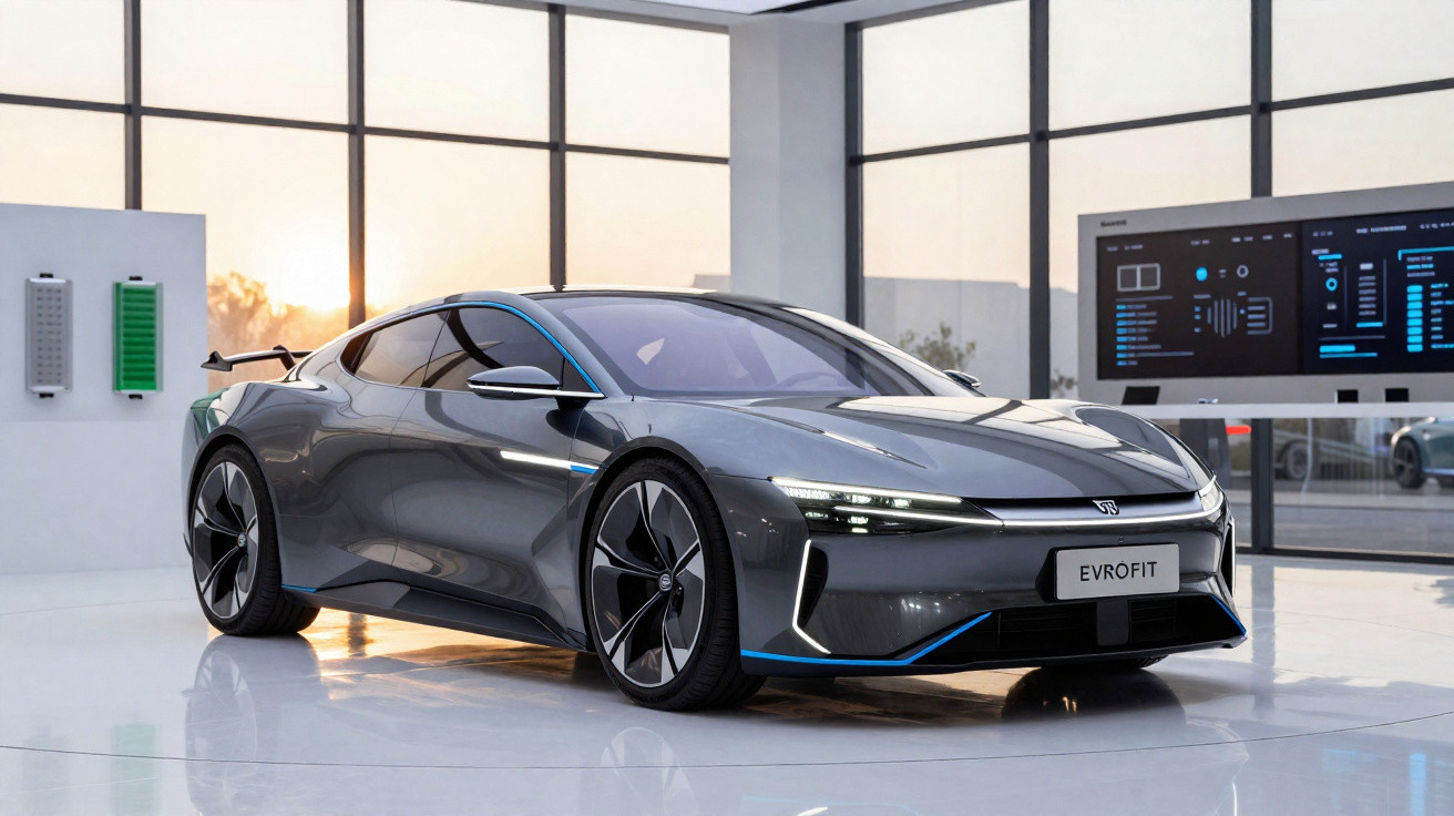 Carro esportivo elétrico cinza estacionado em ambiente interno com grandes janelas e painel tecnológico.