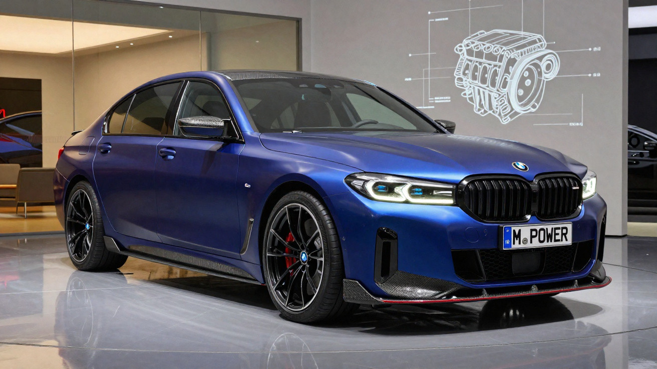 Carro sedan BMW azul metálico em exposição com rodas esportivas e placa personalizada M POWER.
