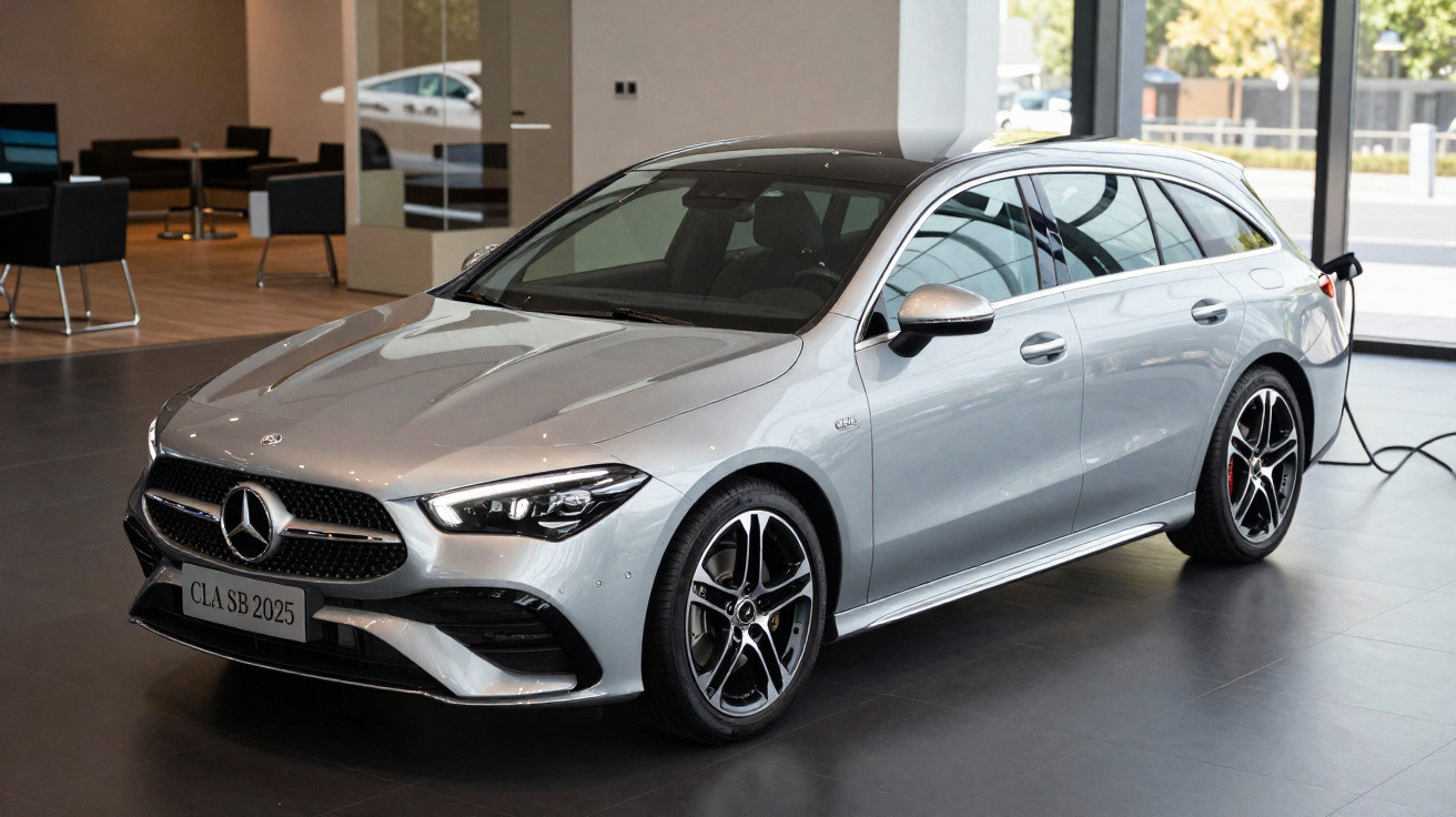 Carro elétrico Mercedes-Benz CLA prata carregando em tomada dentro de showroom moderno.