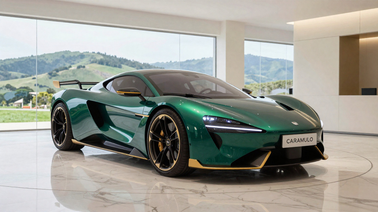 Carro esportivo verde com detalhes dourados em showroom moderno com piso de mármore e vista para montanhas.