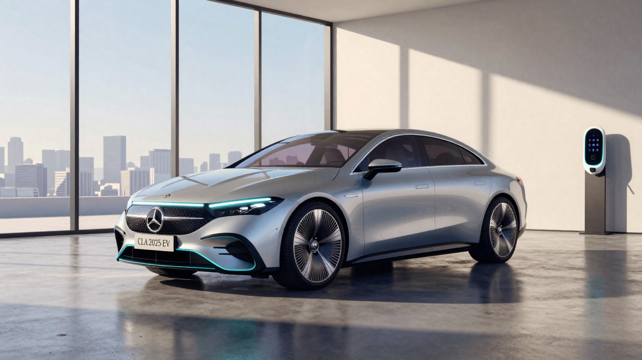 Carro elétrico Mercedes-Benz prata estacionado em ambiente interno com janelas amplas e estação de recarga.
