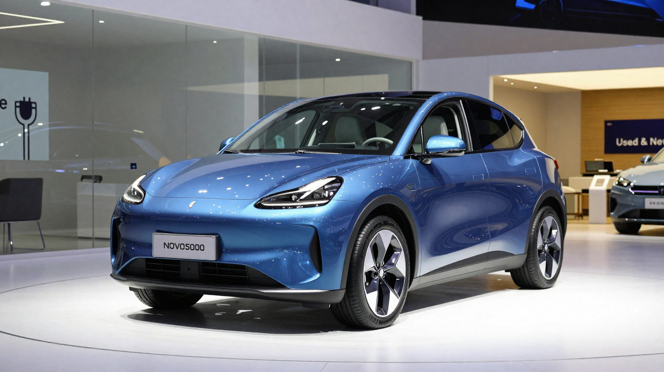 Carro elétrico azul metálico em exposição, modelo NOVO5000, com design moderno e aerodinâmico.