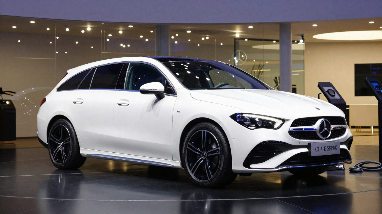 Carro branco Mercedes-Benz CLA E Shooting Brake em exposição interna com rodas esportivas pretas.