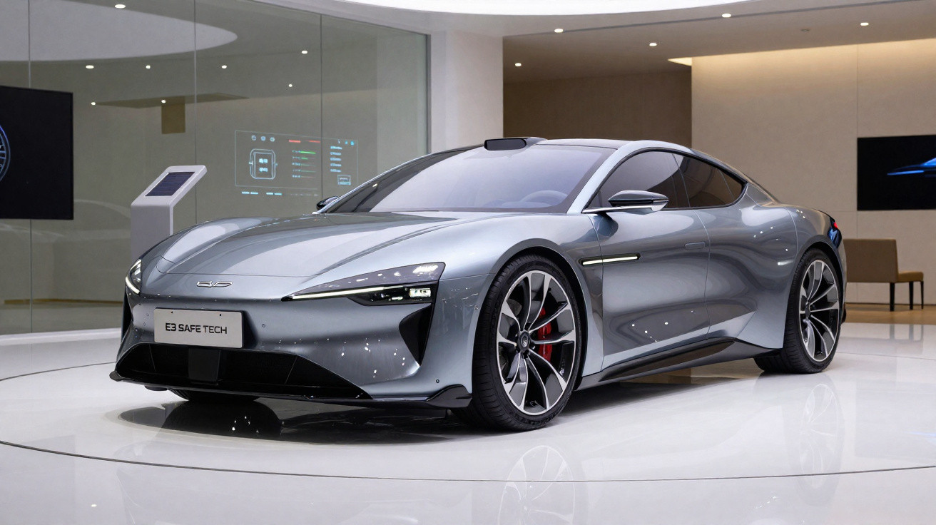 Carro esportivo elétrico cinza prata exibido em showroom moderno com interior minimalista.