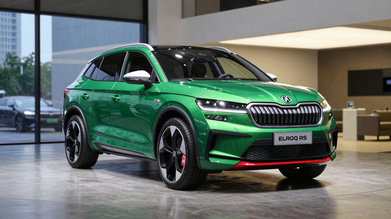 Carro SUV verde elétrico Skoda Elroq RS estacionado em salão moderno com piso cinza.