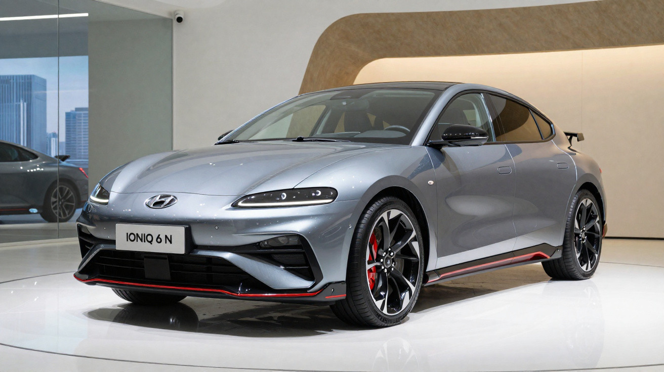 Carro esportivo cinza Hyundai Ioniq 6 N exibido em ambiente moderno e iluminado.
