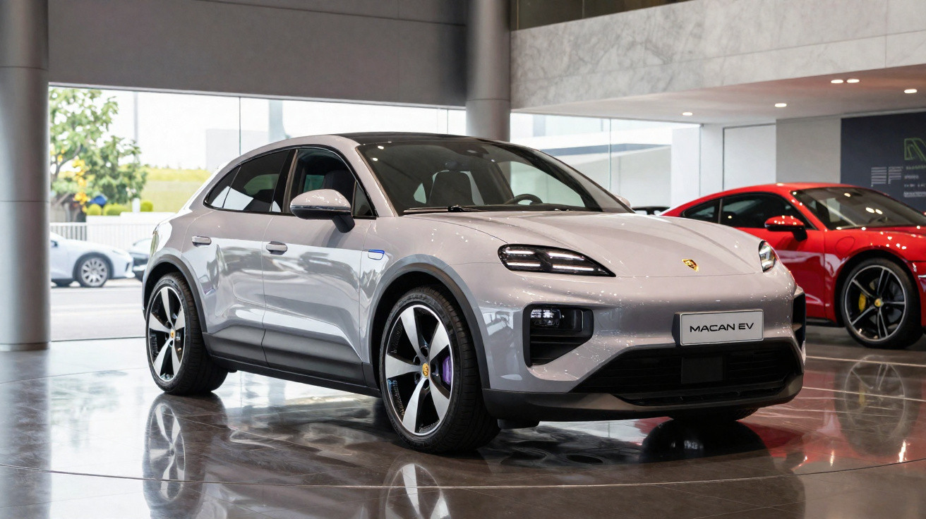 Carro elétrico cinza Porsche Macan EV em showroom com outro carro vermelho ao fundo.