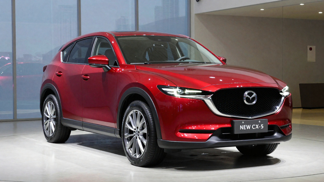 Carro SUV Mazda CX-5 vermelho exibido em showroom moderno com iluminação suave.