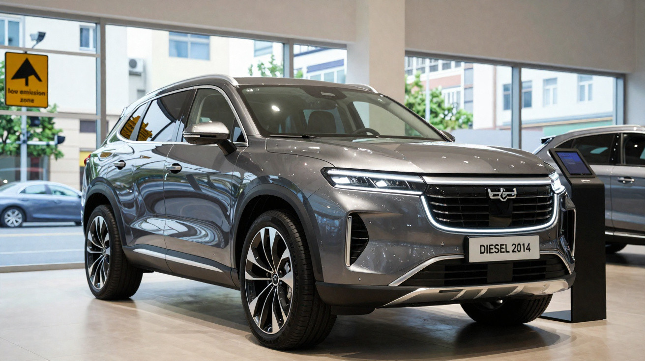 Carro SUV cinza moderno em exposição interna com placa "Diesel 2014" e iluminação natural.