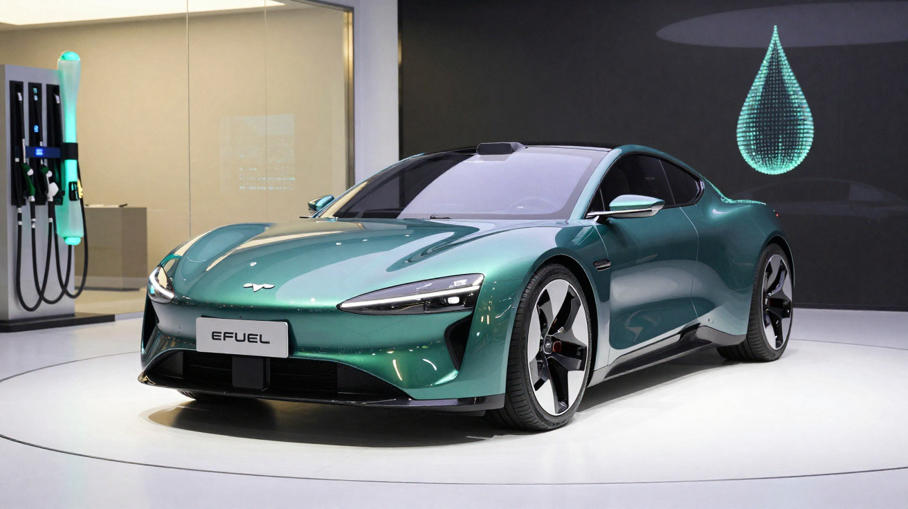 Carro esportivo elétrico verde em exposição com bomba de recarga e símbolo de gota azul ao fundo.