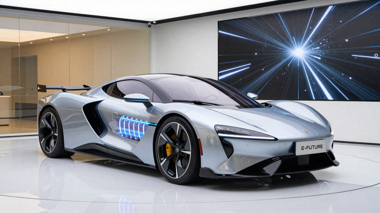 Carro esportivo elétrico cinza exposto em sala moderna com luzes azuis e tela futurista ao fundo.