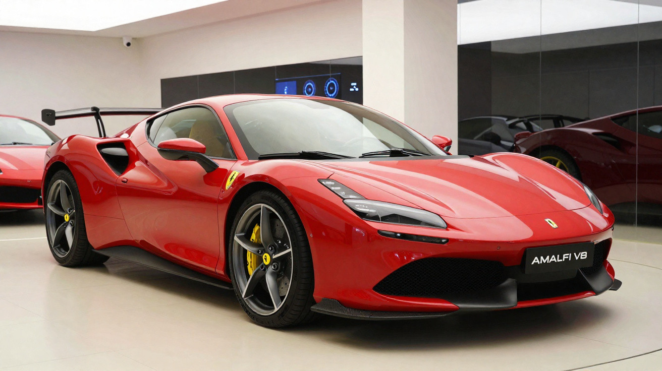 Carro esportivo Ferrari vermelho AMG V8 em showroom moderno com iluminação clara e reflexos no chão.