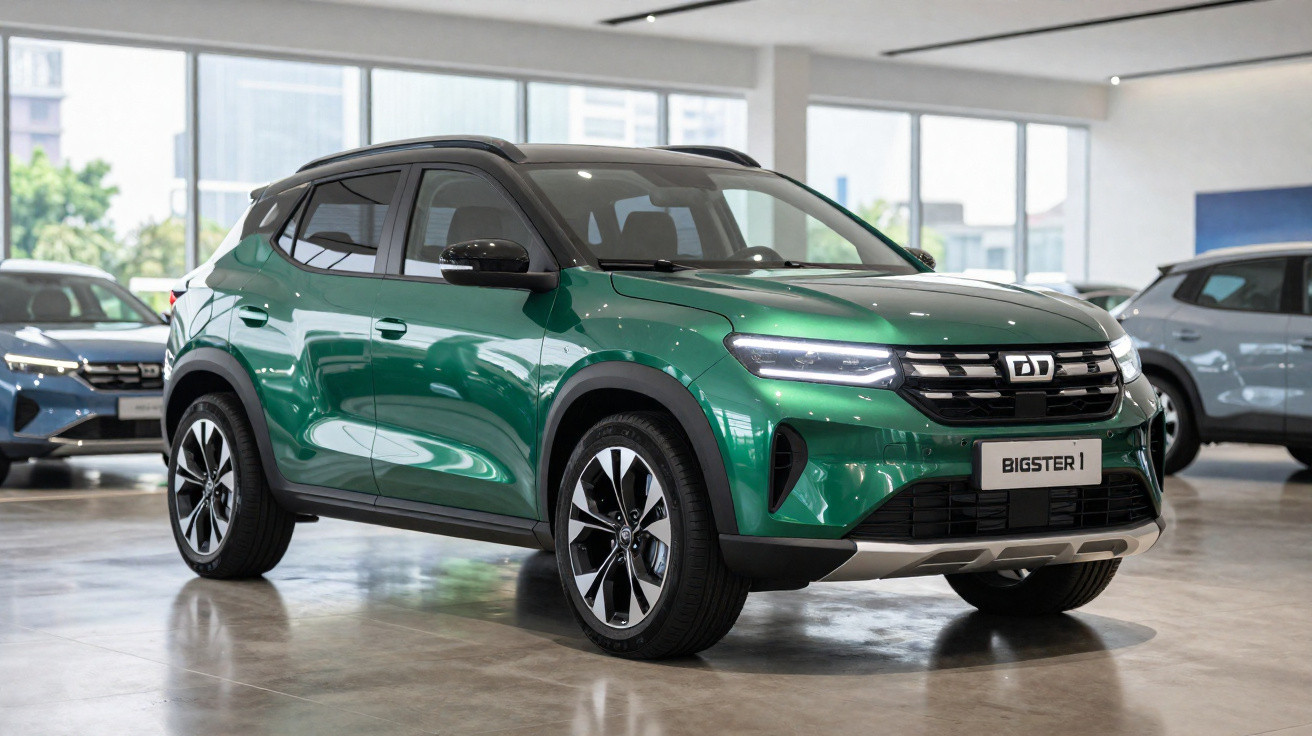 SUV verde metálico DD Bigster 1 em showroom moderno com piso de cimento polido.