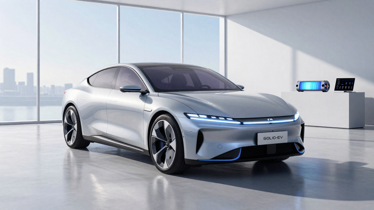 Carro elétrico prata moderno estacionado em ambiente interno iluminado por luz natural ampla.