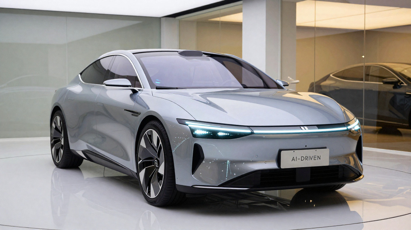 Carro elétrico prata, futurista, com faróis de LED ligado, em ambiente interno moderno e iluminado.