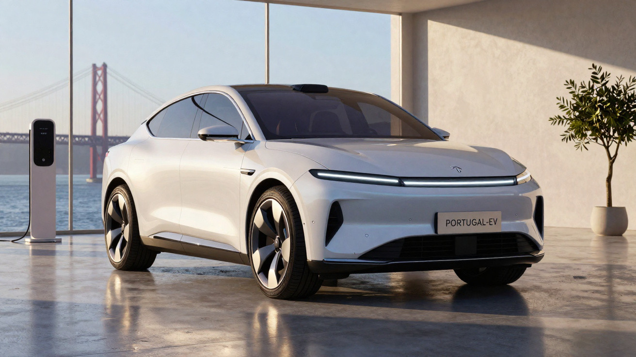 Carro elétrico branco estacionado em garagem moderna com parede de vidro e vista para ponte ao fundo.