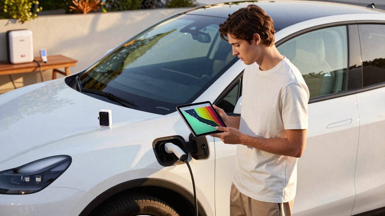 Jovem verifica dados em tablet enquanto carrega carro elétrico branco em casa.