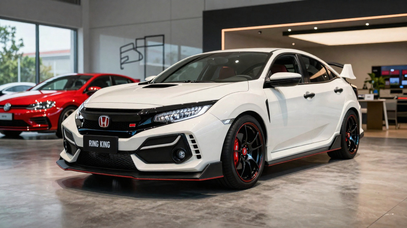 Carro esportivo branco Honda Civic Type R exibido em showroom moderno com piso cinza e iluminação interna.