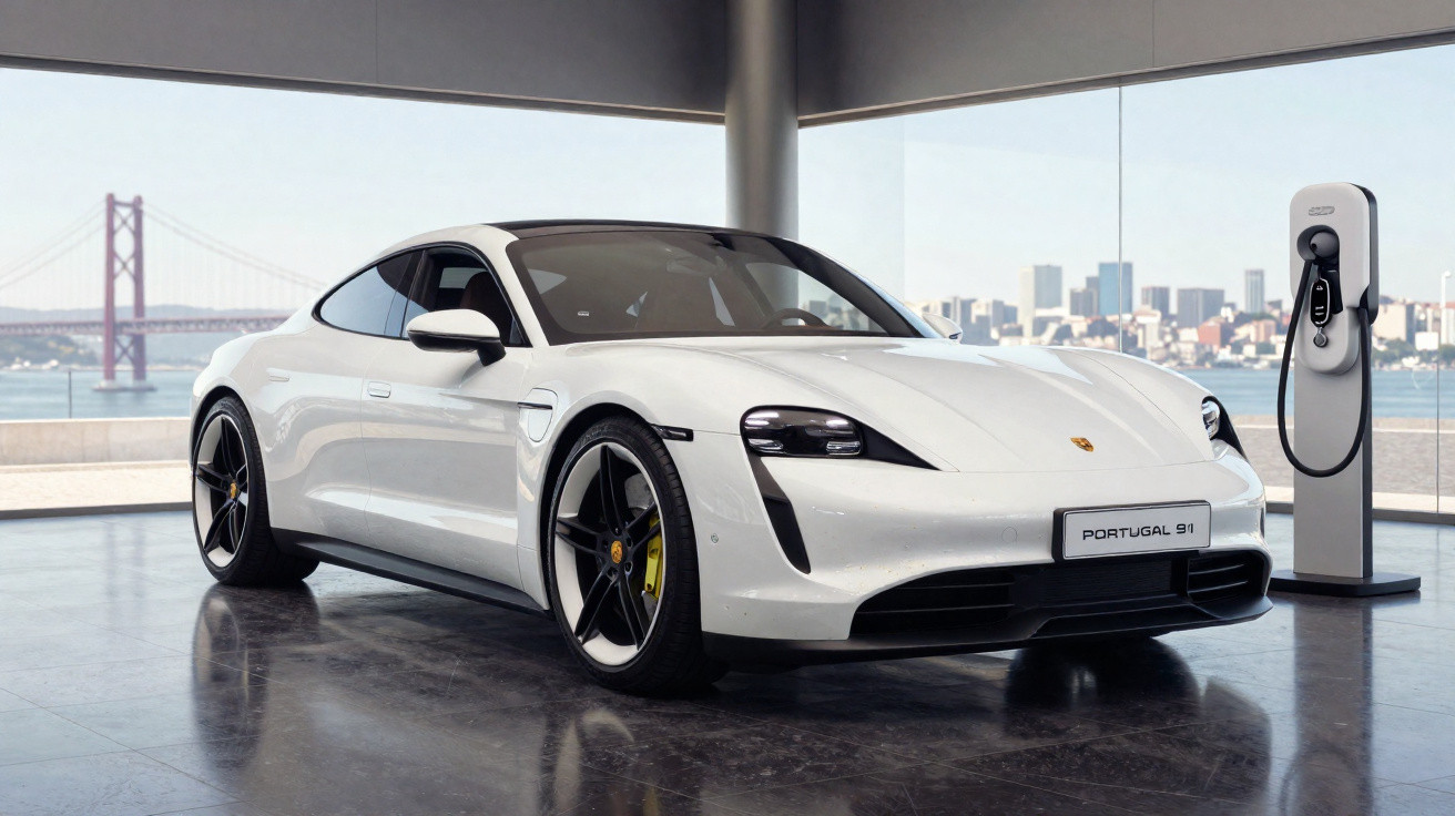Carro elétrico esportivo branco Porsche Taycan estacionado em showroom com estação de recarga ao lado.