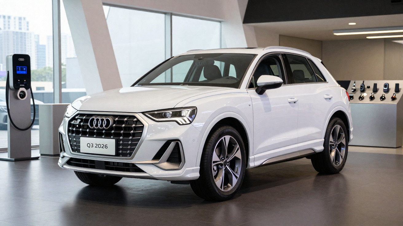 Carro branco Audi Q3 2026 estacionado em showroom moderno com estação de recarga ao lado.