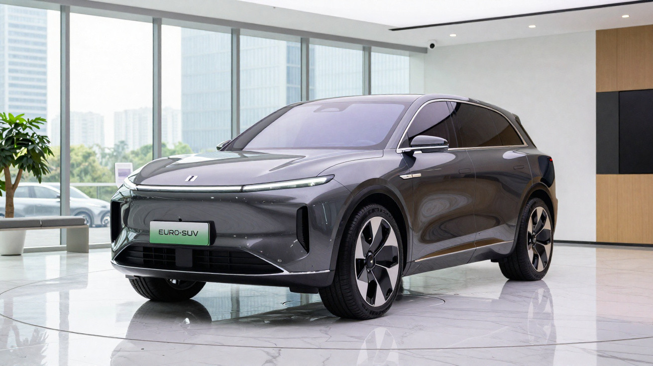 Carro SUV elétrico cinza estacionado em showroom moderno com janelas amplas e piso branco.