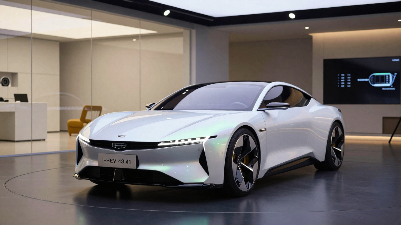Carro elétrico esportivo branco com design futurista exibido em espaço interno moderno e iluminado.