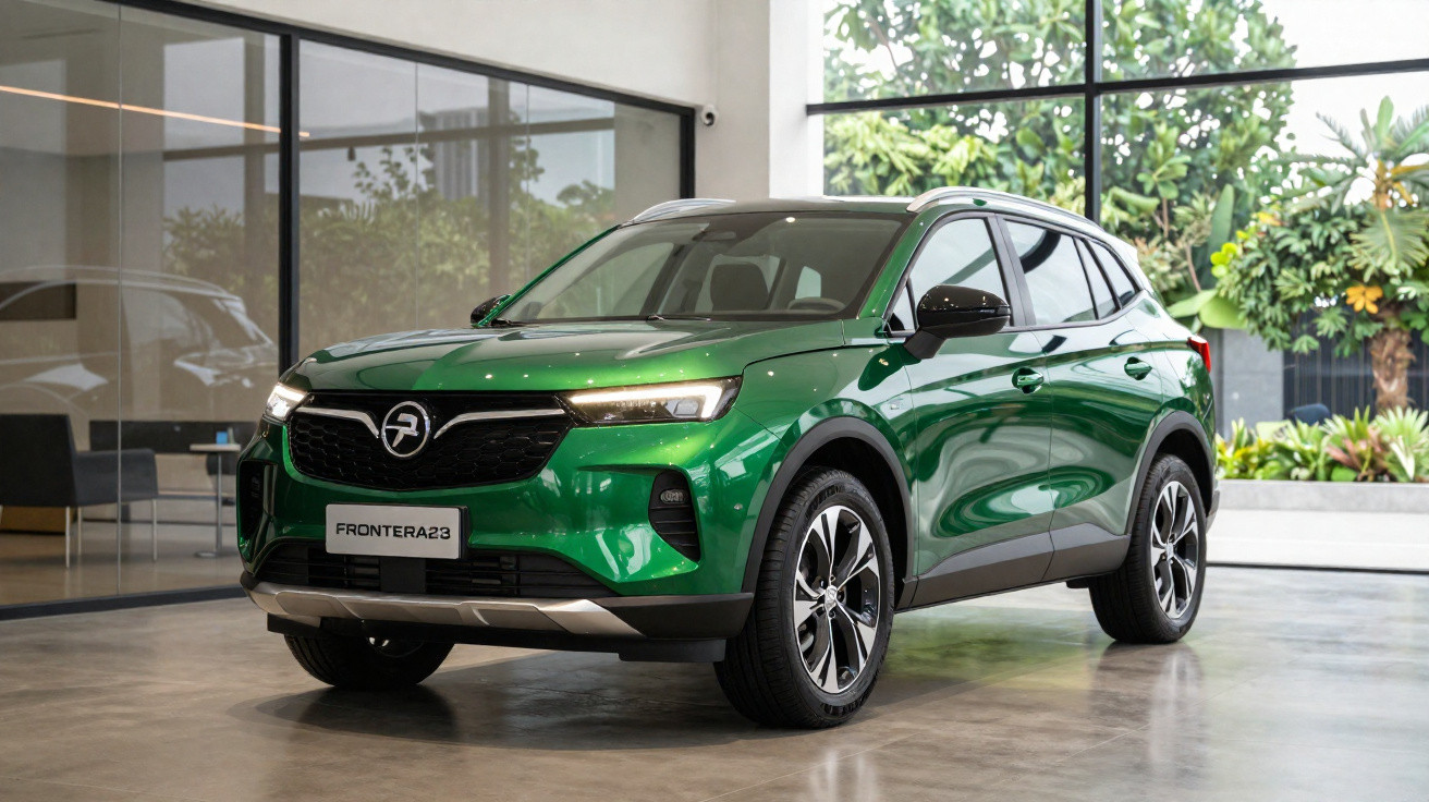 SUV verde metálico modelo Frontera 23 estacionado em ambiente interno moderno com plantas ao fundo.