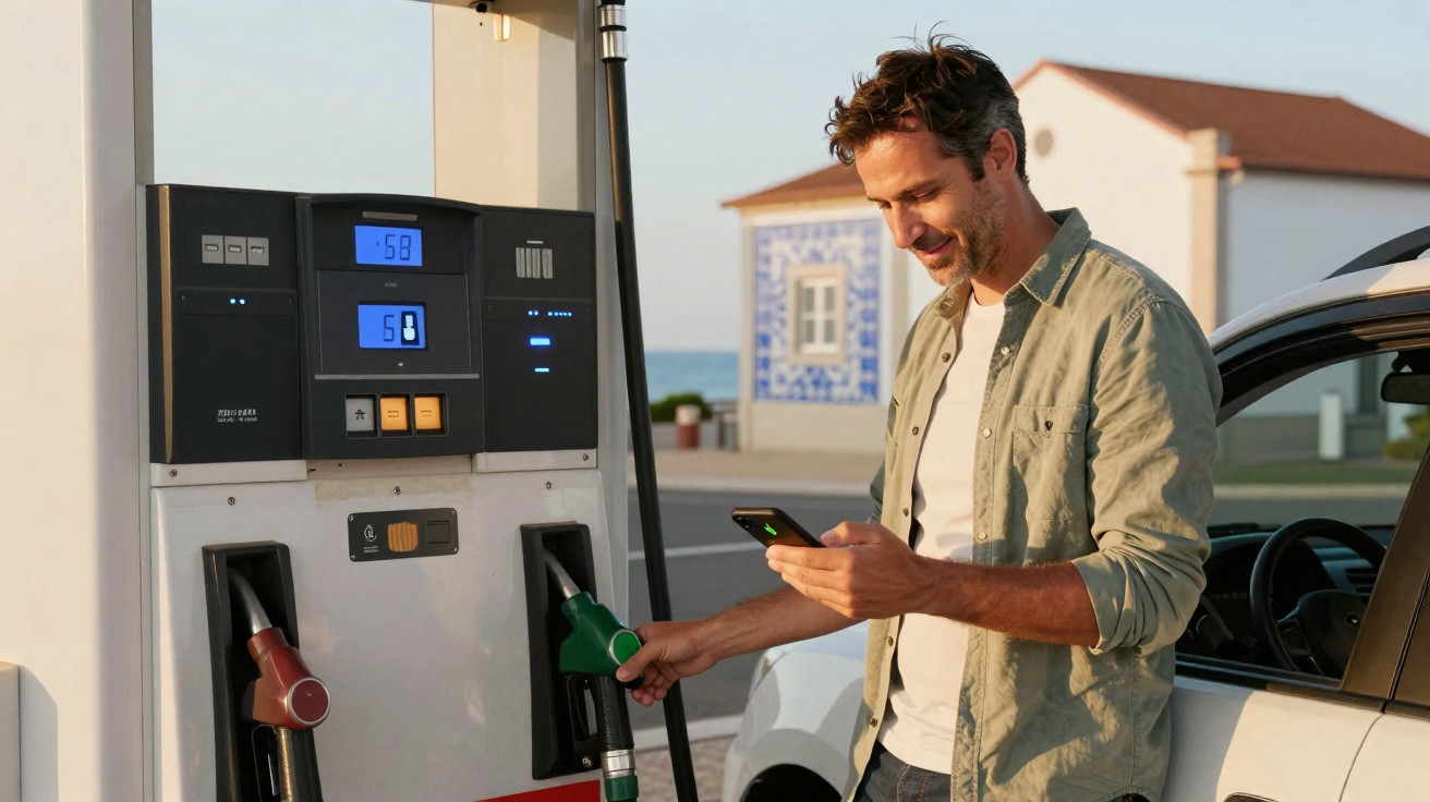 Homem abastecendo carro em posto de gasolina enquanto usa celular em dia claro.