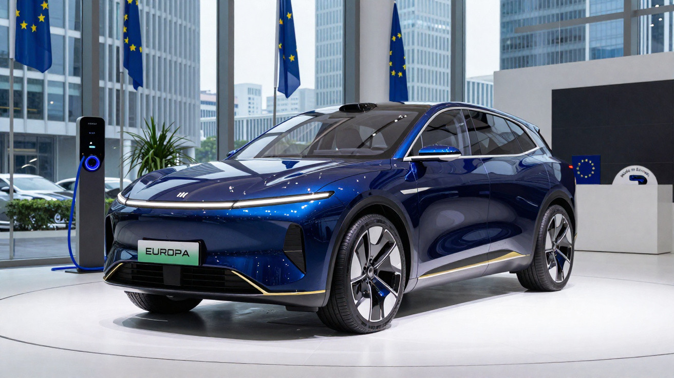 Carro elétrico azul em exposição, conectado a ponto de recarga, com bandeiras da União Europeia ao fundo