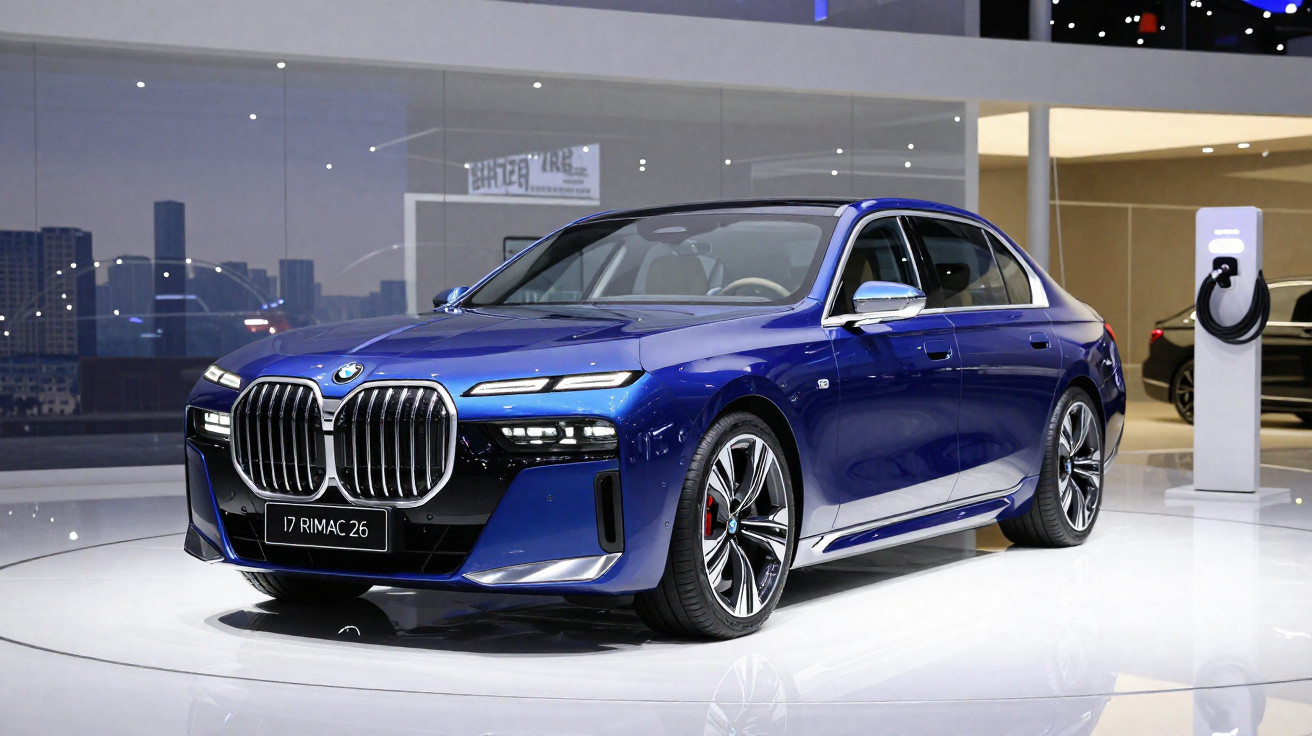 Carro elétrico azul em exposição, com design moderno e grade frontal cromada, em ambiente interno iluminado.