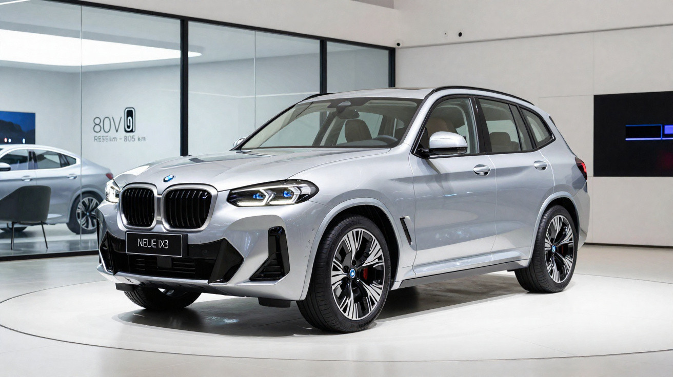 BMW iX3 prata exibido em showroom moderno com rodas esportivas e faróis acesos.