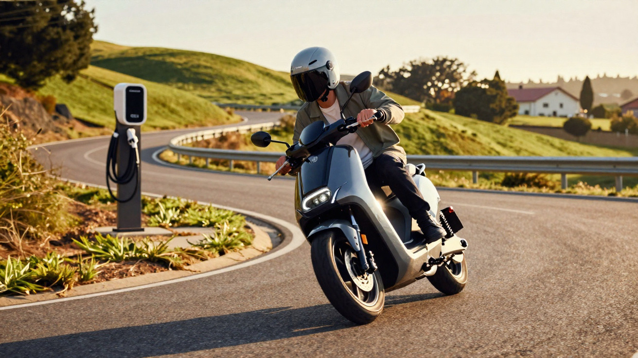 Pessoa pilotando moto elétrica em estrada sinuosa próximo a ponto de recarga em área rural ao entardecer.