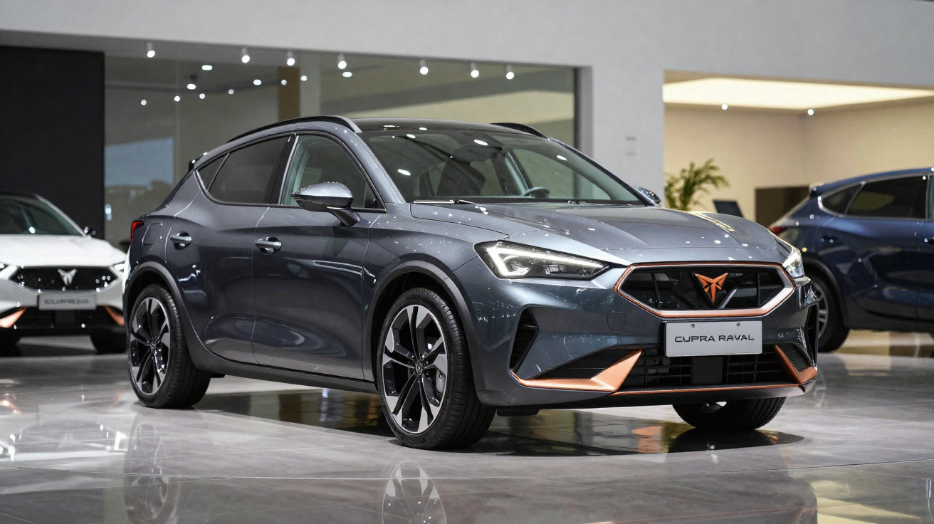 Cupra Raval cinza escuro estacionado em showroom moderno com iluminação refletida no teto.