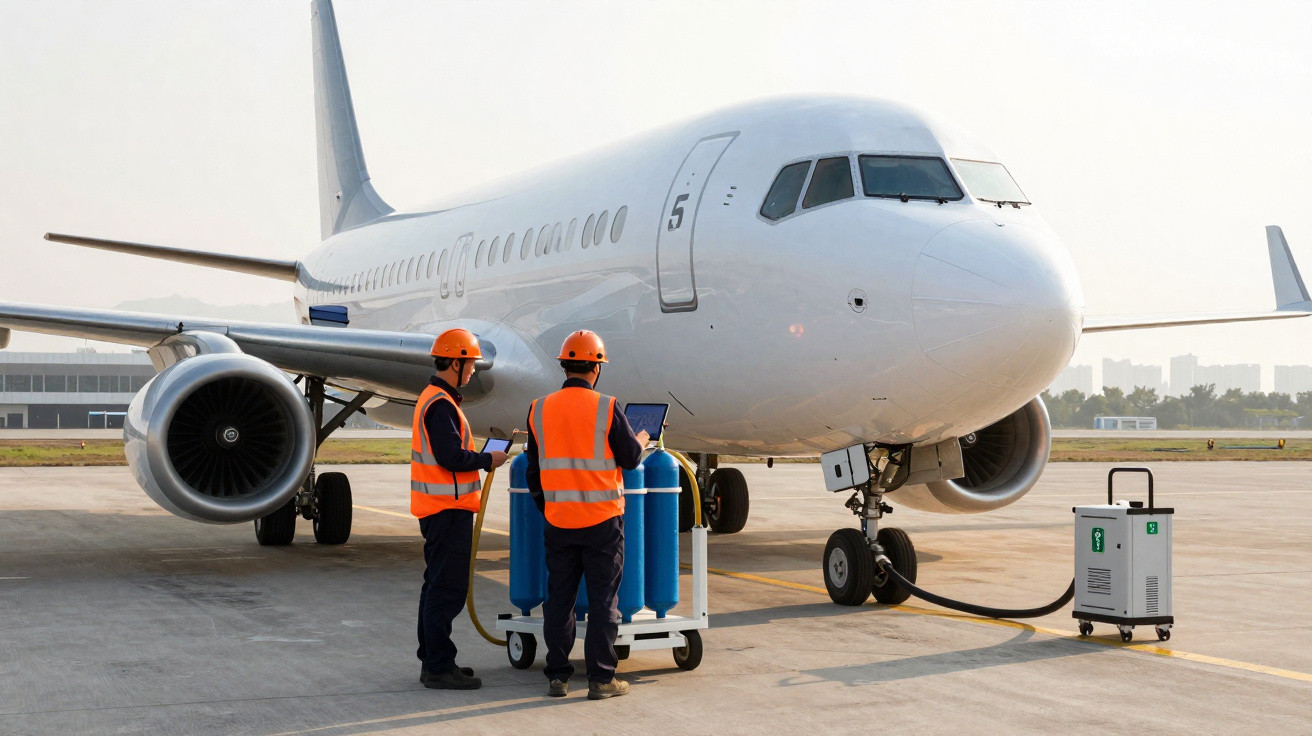 Dois técnicos com coletes laranja abastecendo um avião branco no aeroporto durante o dia.