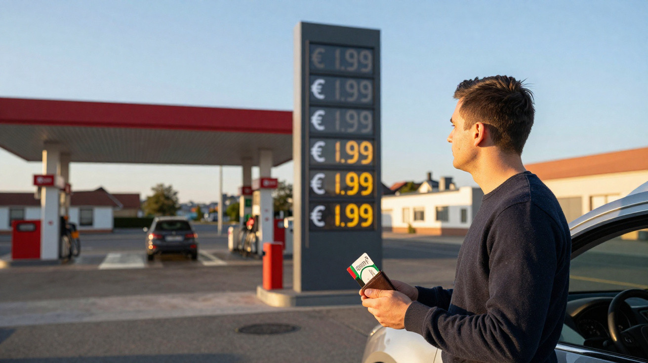 Homem observa preços do combustível em posto de gasolina na Europa ao pôr do sol.