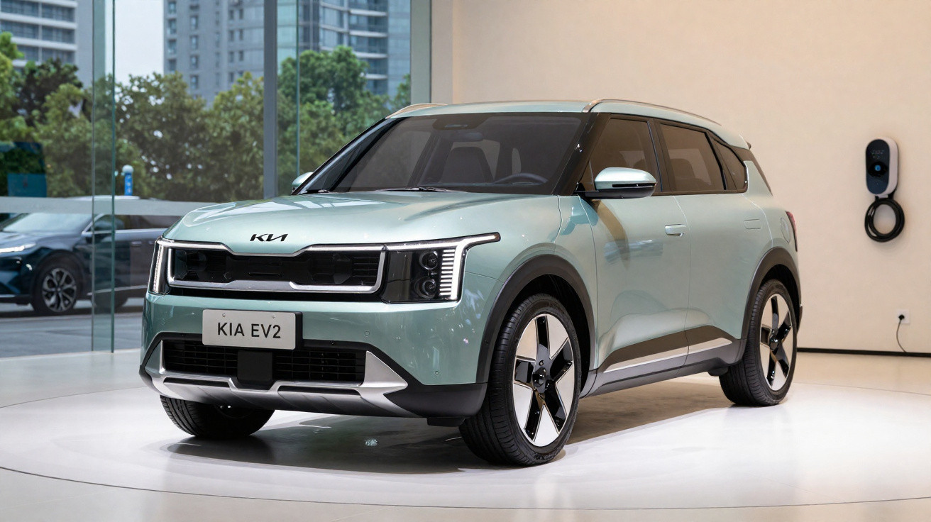 Carro elétrico SUV Kia EV2 de cor cinza em exposição, com carregador na parede ao fundo.