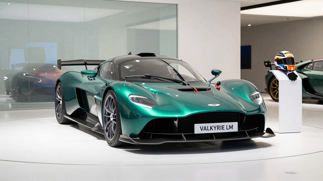 Carro esportivo verde Aston Martin Valkyrie LM exposto em ambiente branco com capacete ao lado.